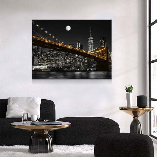 New York Brooklyn Bridge At Night Canvas Wall Art, Manhattan at Night, New York City Skyline - Royal Crown Pro