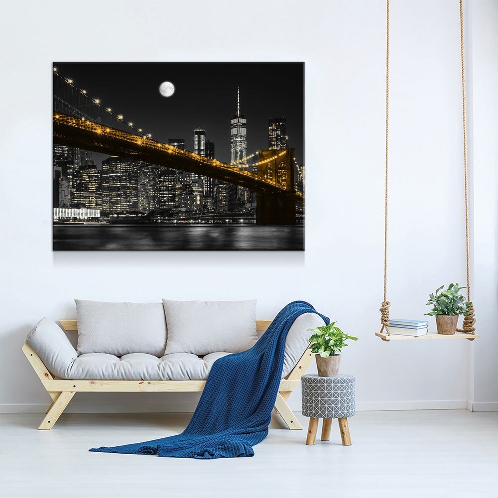 New York Brooklyn Bridge At Night Canvas Wall Art, Manhattan at Night, New York City Skyline - Royal Crown Pro