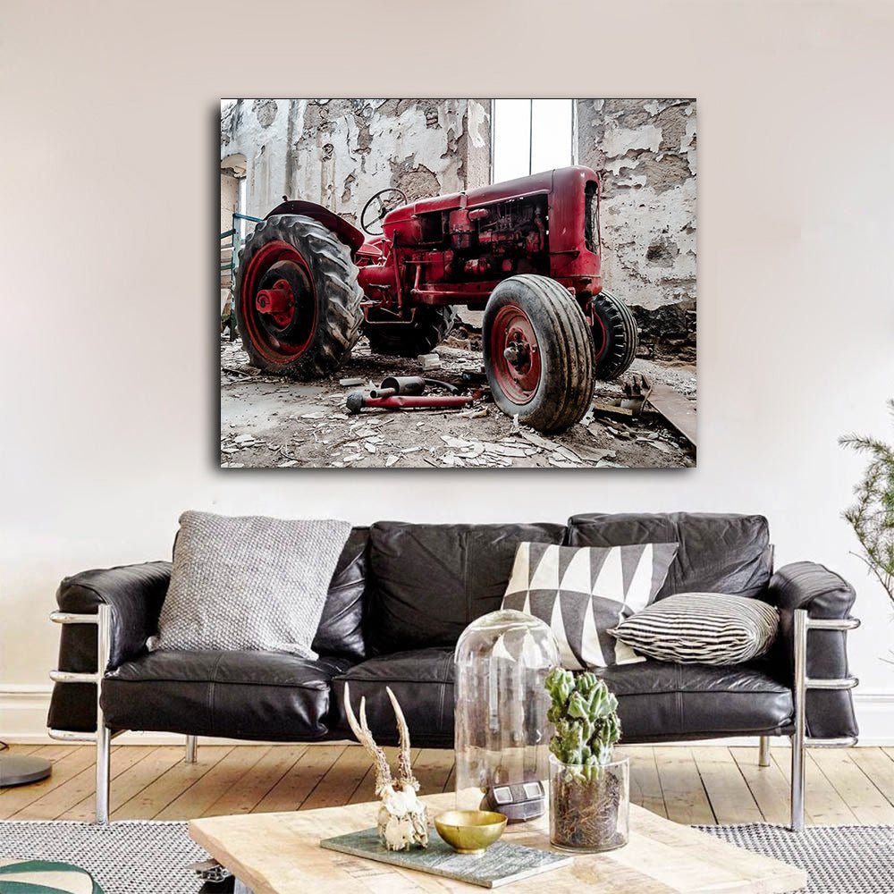 Old Red Tractor Framed Canvas Wall Art Farming Farmers Collection Farm Tractor Farm Decor - Royal Crown Pro