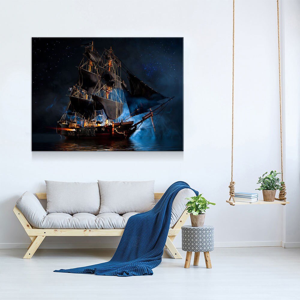 Pirate Ship Dark Sea Battle Canvas Wall Art, Pirate Decor, Ship Sailing, Jolly Roger Flag, Pirate Battleship, Horizontal Orientation, Pirate - Royal Crown Pro