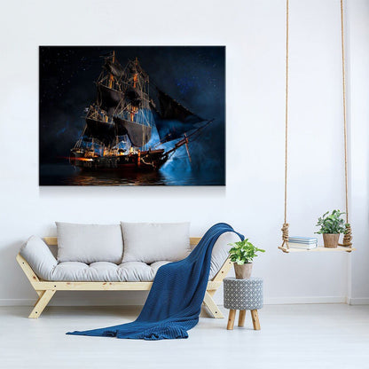 Pirate Ship Dark Sea Battle Canvas Wall Art, Pirate Decor, Ship Sailing, Jolly Roger Flag, Pirate Battleship, Horizontal Orientation, Pirate - Royal Crown Pro