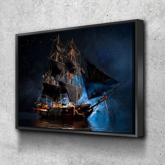 Pirate Ship Dark Sea Battle Canvas Wall Art, Pirate Decor, Ship Sailing, Jolly Roger Flag, Pirate Battleship, Horizontal Orientation, Pirate - Royal Crown Pro