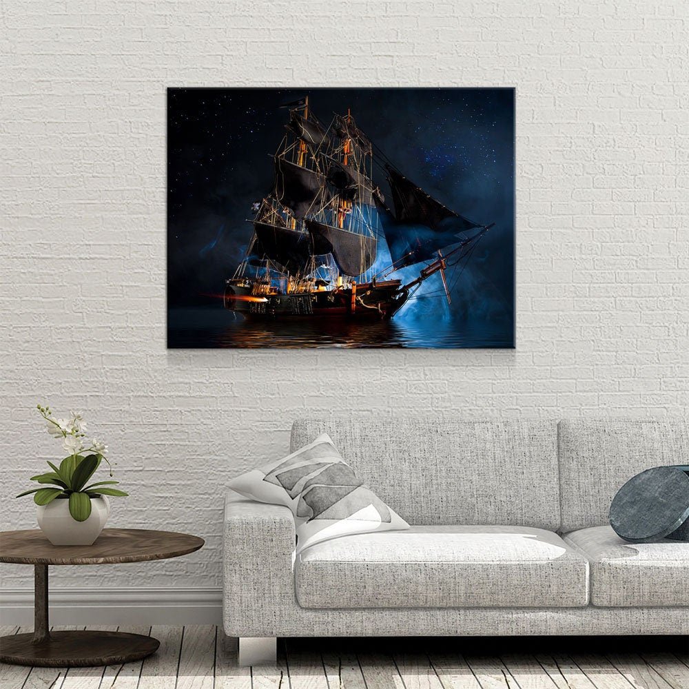 Pirate Ship Dark Sea Battle Canvas Wall Art, Pirate Decor, Ship Sailing,  Jolly Roger Flag, Pirate Battleship, Horizontal Orientation, Pirate