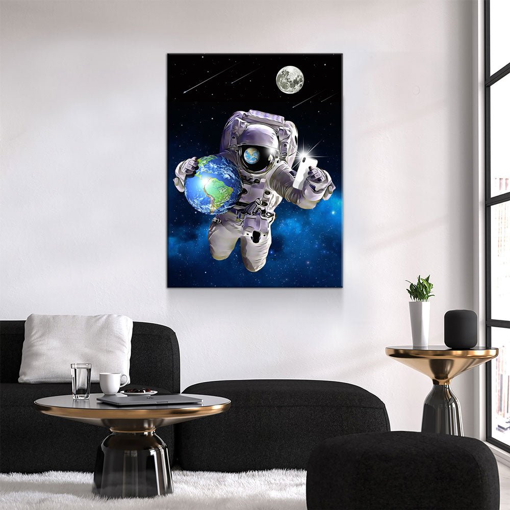 Save The World Selfie Canvas Wall Art, Space Decor, Astronaut Art Canvas - Royal Crown Pro