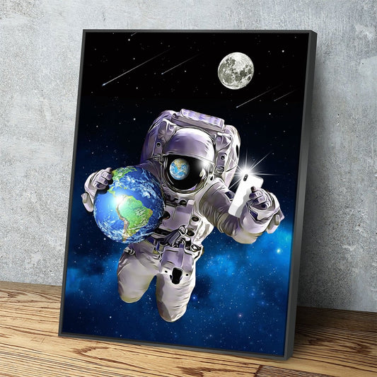 Save The World Selfie Canvas Wall Art, Space Decor, Astronaut Art Canvas - Royal Crown Pro