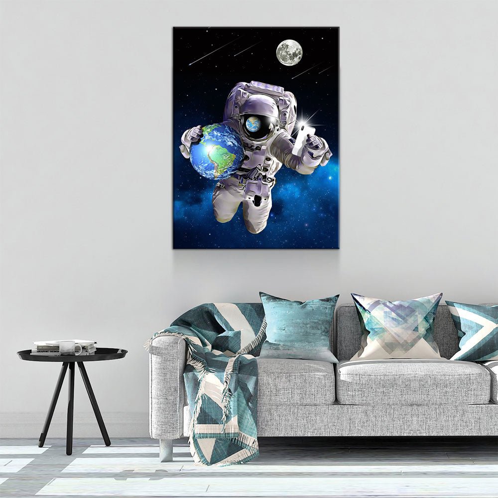 Save The World Selfie Canvas Wall Art, Space Decor, Astronaut Art Canvas - Royal Crown Pro