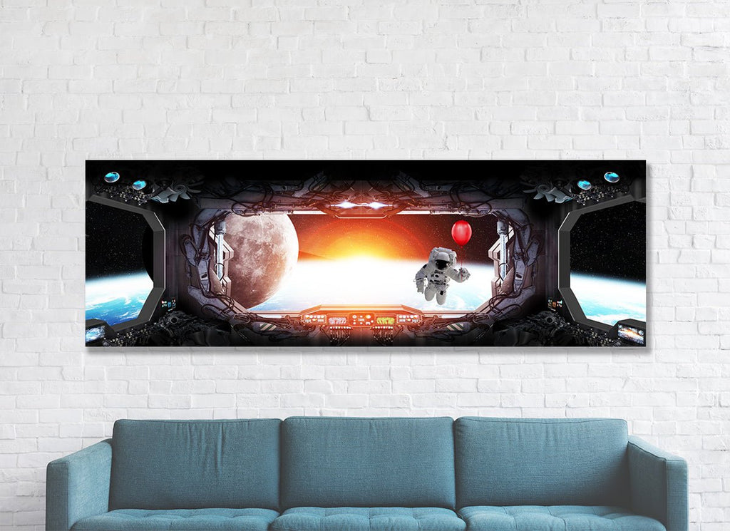 Space Station Window View Earth Astronaut Red Balloon Framed Canvas Wall Art - Royal Crown Pro