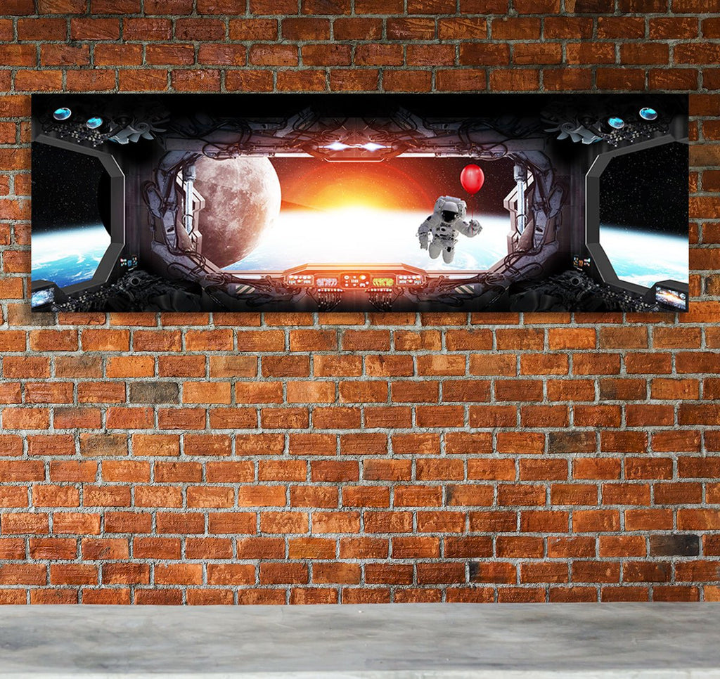 Space Station Window View Earth Astronaut Red Balloon Framed Canvas Wall Art - Royal Crown Pro
