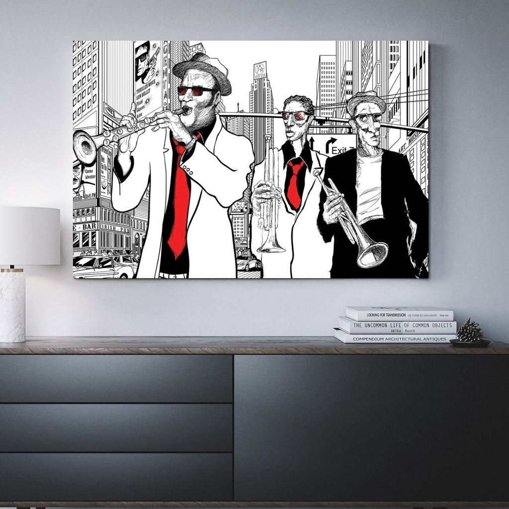 Street Jazz Trio Abstract Framed Canvas Wall Art - Royal Crown Pro