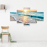Sunset White Beach Canvas Wall Art, Seascape, 5-Piece Wall Art Set, Large Wall Art, Extra Large Decor, Blue Sea - Royal Crown Pro