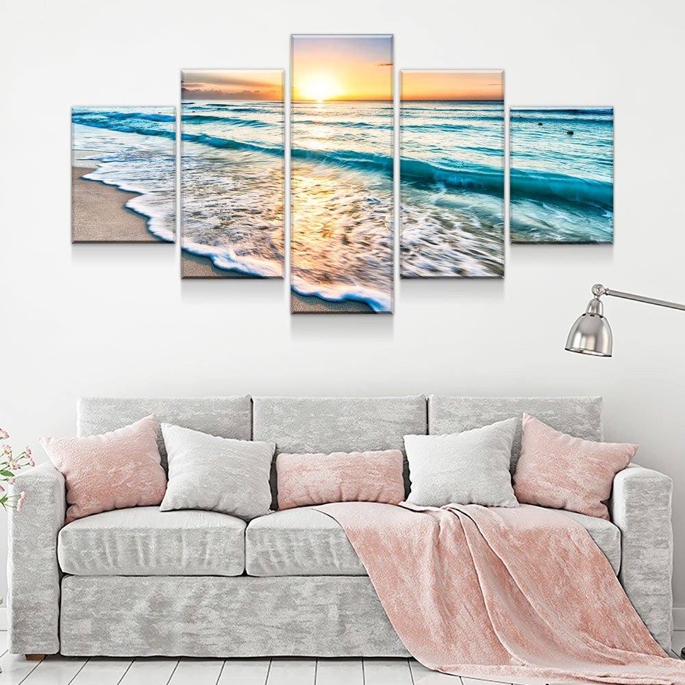 Sunset White Beach Canvas Wall Art, Seascape, 5-Piece Wall Art Set, Large Wall Art, Extra Large Decor, Blue Sea - Royal Crown Pro