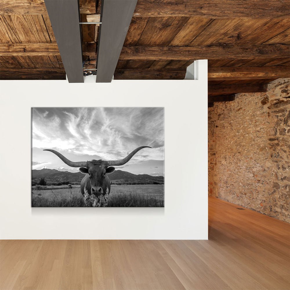 Texas Longhorn Black & White Canvas Wall Art, Ranch Decor - Royal Crown Pro