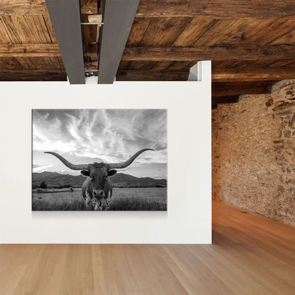 Texas Longhorn Black & White Canvas Wall Art, Ranch Decor - Royal Crown Pro