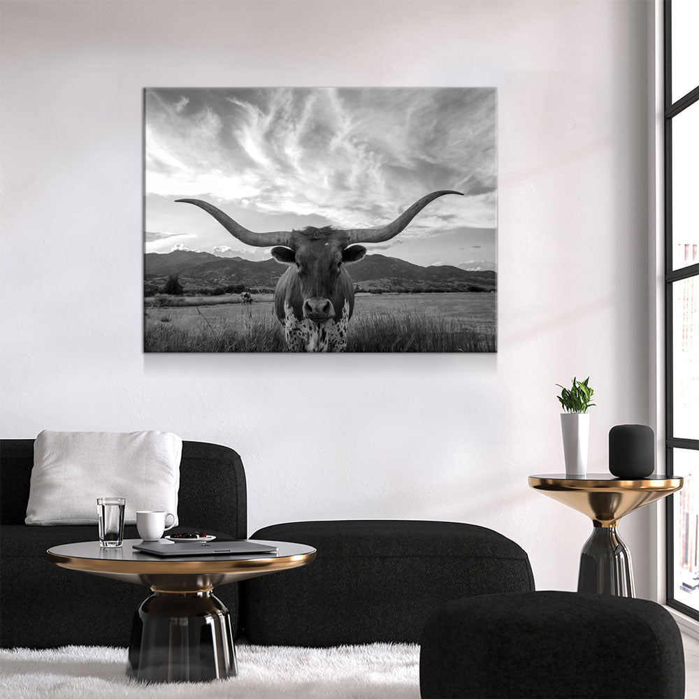 Texas Longhorn Black & White Canvas Wall Art, Ranch Decor - Royal Crown Pro