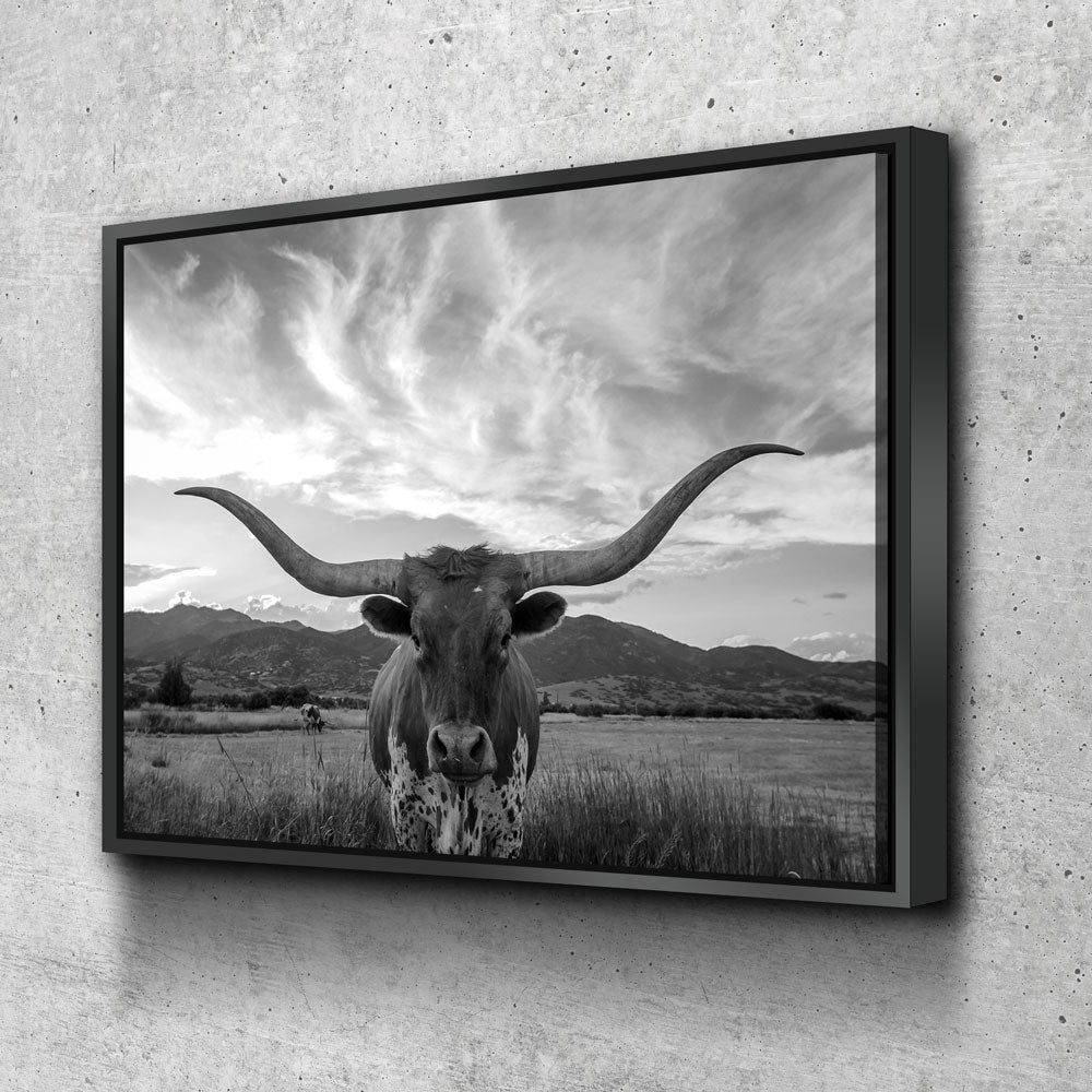 Texas Longhorn Black & White Canvas Wall Art, Ranch Decor - Royal Crown Pro