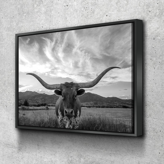 Texas Longhorn Black & White Canvas Wall Art, Ranch Decor - Royal Crown Pro