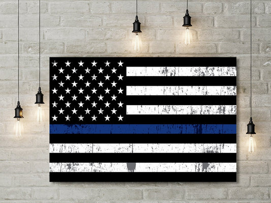 Thin Blue Line US Flag Framed Canvas Wall Art Blue Lives Matter LEO Police - Royal Crown Pro