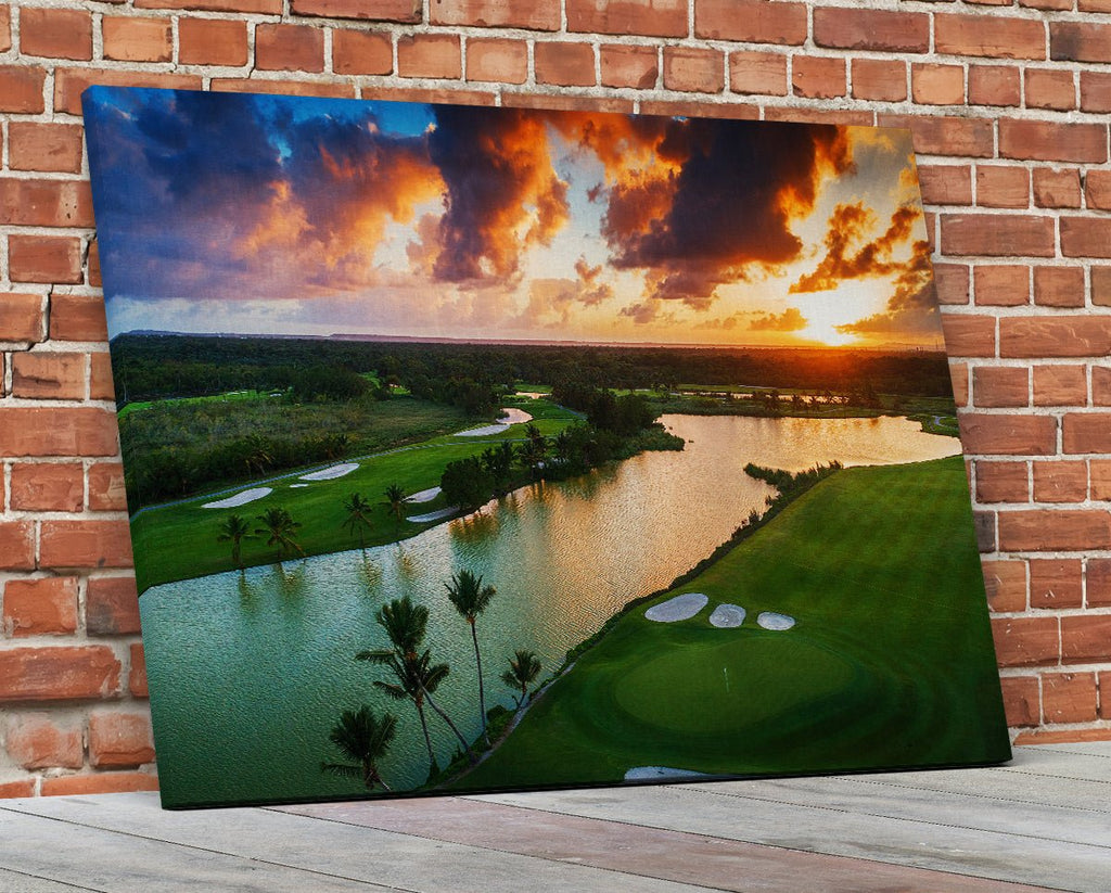 Tropical Golf Course Sunset Framed Canvas Wall Art Dominican Republic Punta Cana - Royal Crown Pro