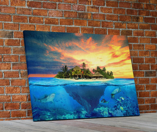 Tropical Island Paradise Underwater View Framed Canvas Wall Art, Vacation, Island, Shark, Fish - Royal Crown Pro