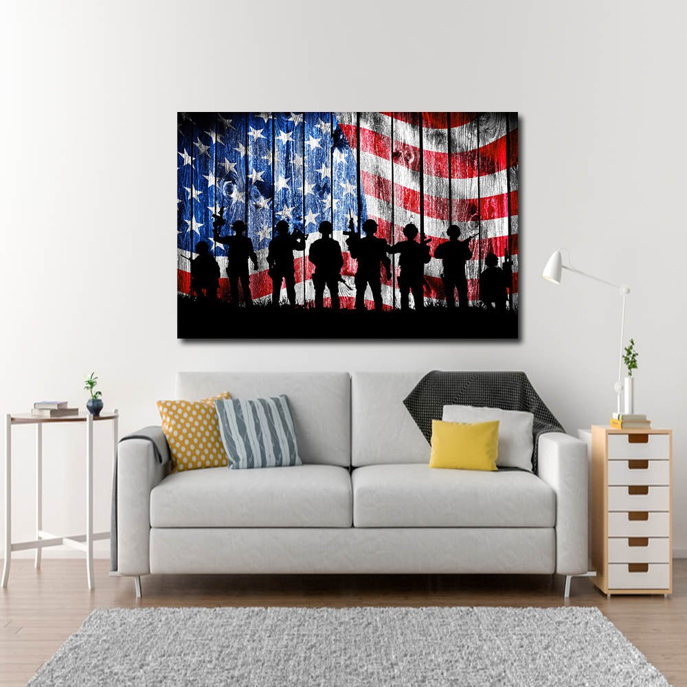 US Flag Soldier Silhouette Canvas Wall Art, USA Military, Soldiers Flag, USA Flag, Veterans - Royal Crown Pro